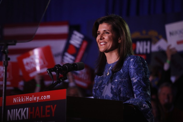 Presidential Candidate Nikki Haley at her primary night rally at the Grappone Conference Center in Concord, New Hampshire. 