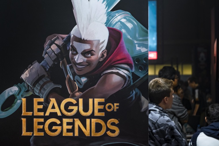 The League of Legends video game logo at the NiceOne Barcelona Gaming & Digital Experiences Festival in Barcelona, Spain, on Nov. 29, 2019. 