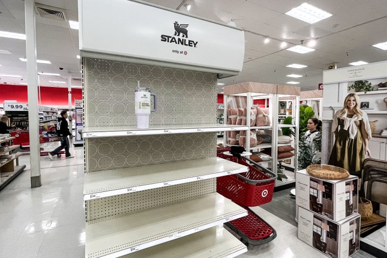 One Stanley tumbler left on the shelf at the Target in West Hills, Calif., on Jan. 9, 2024.