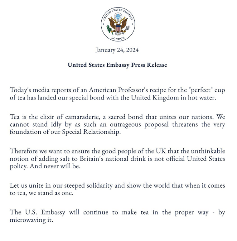 A statement released by the U.S. Embassy in London.