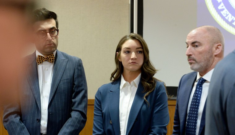 Bryn Spejcher with her lawyers in a Ventura County courtroom on Nov. 9, 2023.