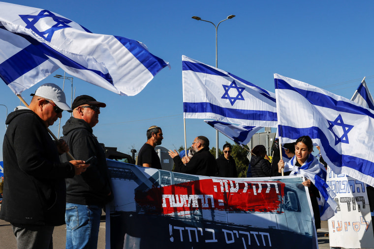 Protest against the entry of humanitarian aid to the Gaza Strip until Israeli hostages are freed, near the Kerem Shalom crossing