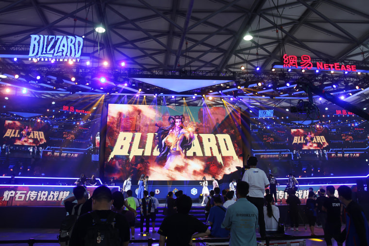 Visitors at the Blizzard Entertainment booth at Chinajoy China Digital Interactive Entertainment Expo in Shanghai in 2021.