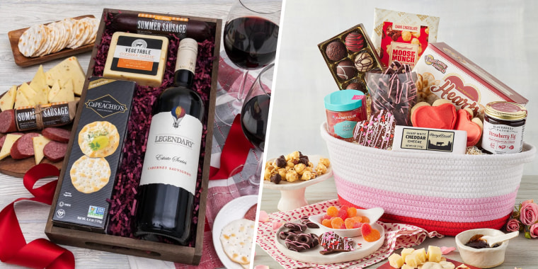 split screen photo of two valentine's day gift baskets. One features wine, cheese and meats while the other has sweets like chocolate covered pretzels.