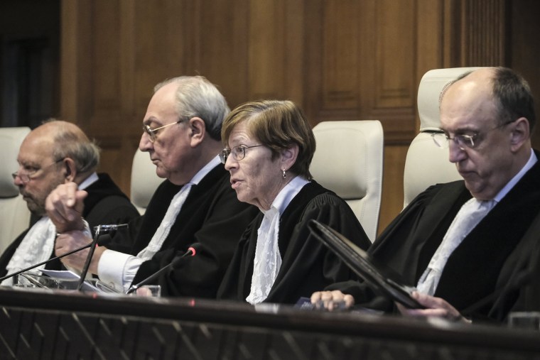 Image: Presiding judge Joan Donoghue, center, speaks during session at the International Court of Justice