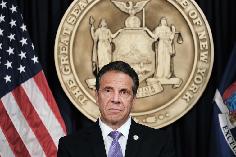 Then-New York Gov. Andrew Cuomo speaks to the media at a news conference in New York City  on May 5, 2021. 