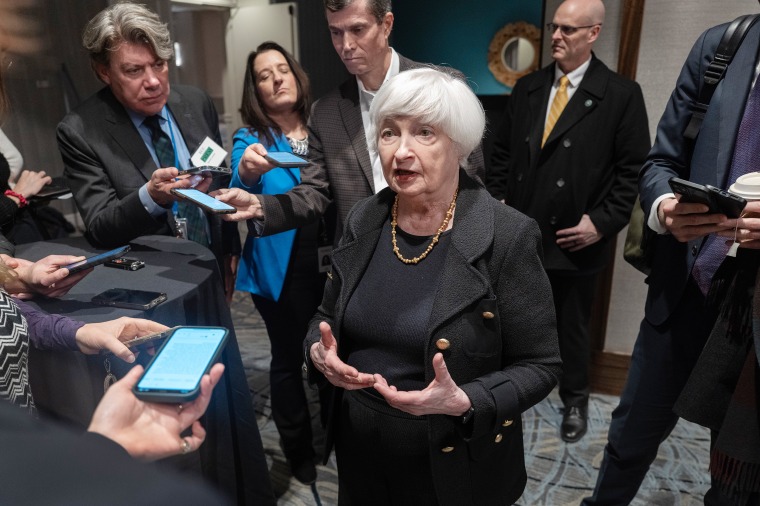 Secretary of the Treasury Janet Yellen fields questions from reporters.