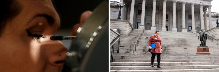 Amberlyn Boiter applies mascara, left, and walks down the stairs of the South Carolina State House after a day of lobbying and speaking with lawmakers about LGBTQ rights.