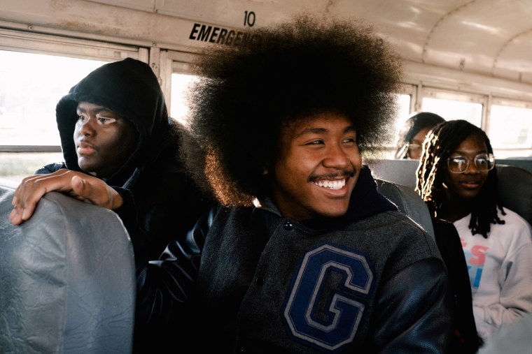 Justice Alexander, a student at Granby High School, on the bus headed to Fort Monroe on Jan. 11.