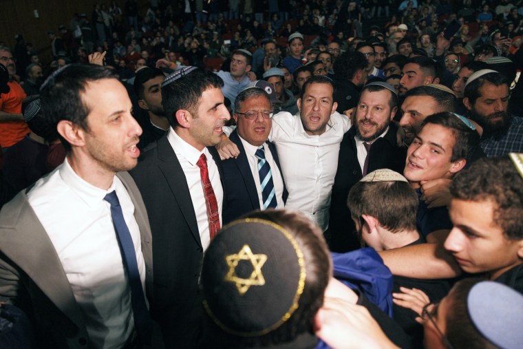 Ariel Kallner, left, Shlomo Karhi, Itamar Ben-Gvir, Yossi Dagan and Amihai Eliyahu were among the politicians dancing at the conference in Jerusalem on Sunday.