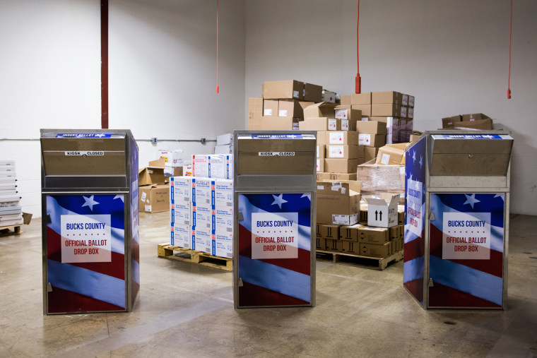 Official ballot drop boxes are stored at a warehouse in Bucks County, Pennsylvania, in 2020.