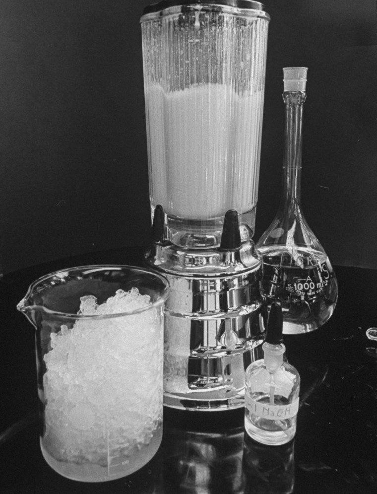 Human growth hormone produced by grinding up a human pituitary gland in a blender in 1965.
