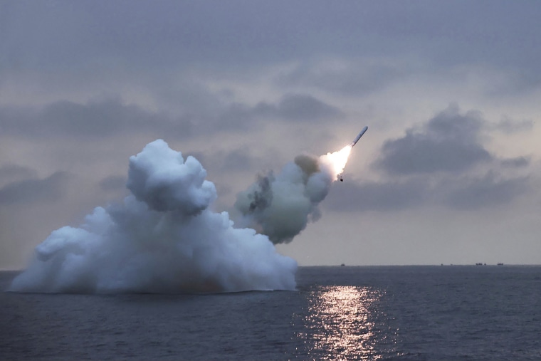 A photo provided by the North Korean government shows what it says is a test-firing Sunday of a submarine-launched strategic cruise missile.