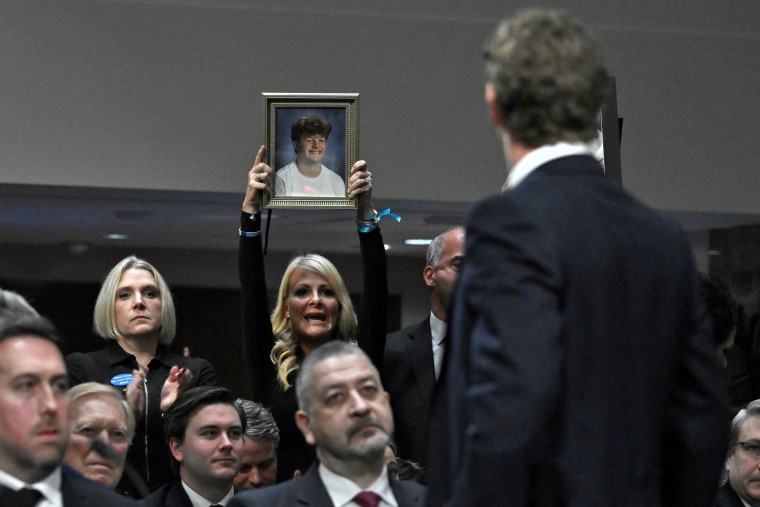 Mark Zuckerberg, CEO of Meta, speaks to victims and their family members as he testifies during the US Senate Judiciary Committee hearing "Big Tech and the Online Child Sexual Exploitation Crisis" on January 31, 2024. 