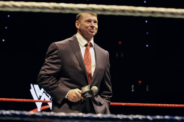 Vince McMahon speaks to an audience during a WWE fan appreciation event in Hartford, Conn. on Oct. 30, 2010. 