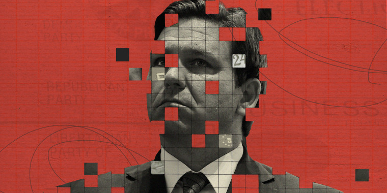 Ron DeSantis pixelated with squares flying away 
