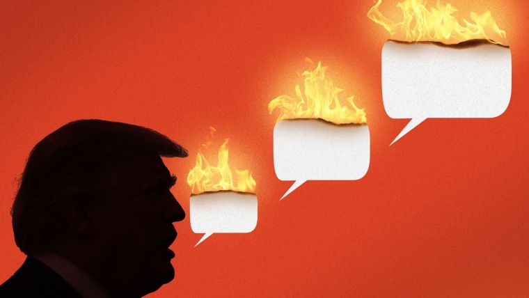 Ilustración de una foto de Donald Trump en silueta con iconos de burbujas de texto que están en fuego, en representación de algunos comentarios incendiarios hechos por el expresidente estadounidense
