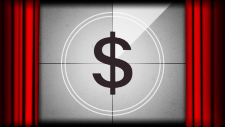 Ilustración de una proyección en pantalla de cine donde en vez del conteo inicial de 3, 2, 1 para que empiece la película aparece un símbolo de dólar