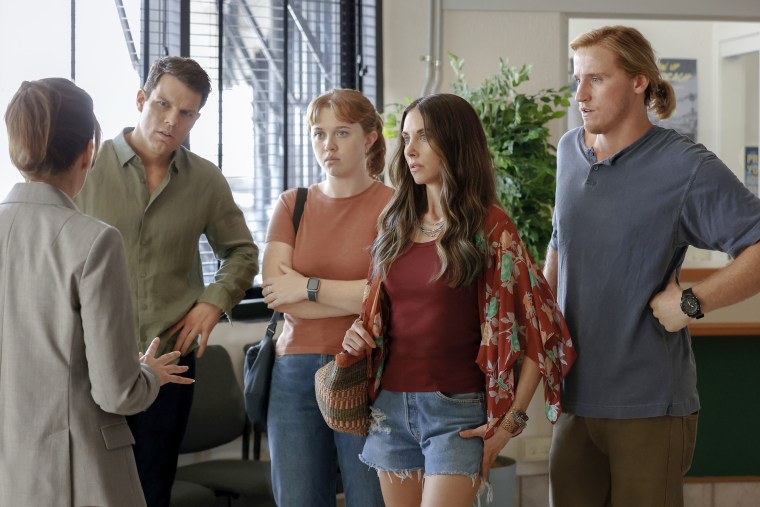 Jake Lacy as Troy, Essie Randles as Brooke, Alison Brie as Amy, and Conor Merrigan-Turner as Logan in "Apples Never Fall."
