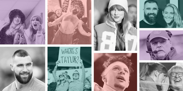 photo collage of Taylor Swift, Travis Kelce, Patrick Mahomes