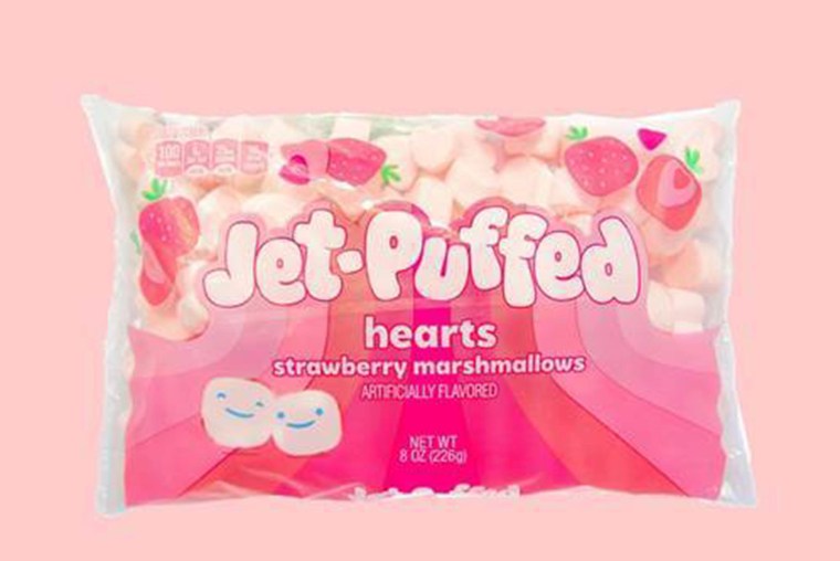 Jet-Puffed heart-shaped strawberry marshmallows.