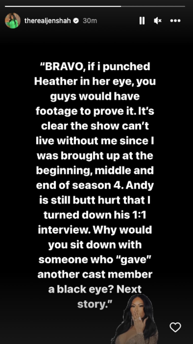 Jen Shah reacts to Heather Gay saying she gave her a black eye on the Season Four "RHOSLC" finale.