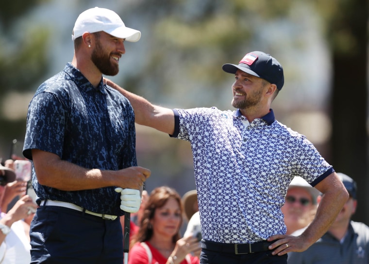 Travis Kelce, Patrick Mahomes, and Justin Timberlake