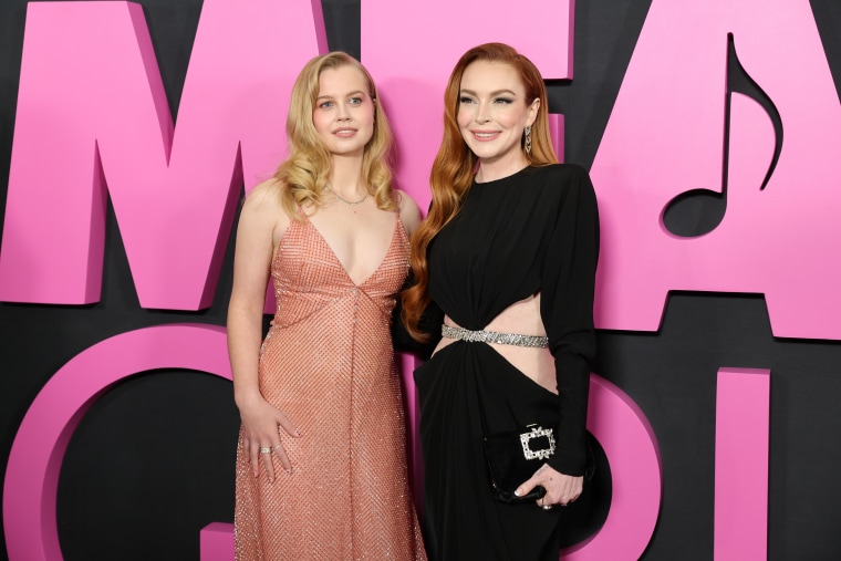 Angourie Rice and Lindsay Lohan at the "Mean Girls" premiere on Jan. 8, 2024 in New York City. 