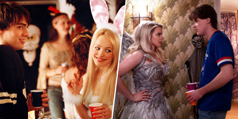 On the left, the Halloween party scene from the original. On the right, the new version.