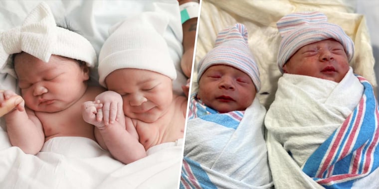 Each pair of delightfully snuggly twins has a lot in common ... except their birthdays.