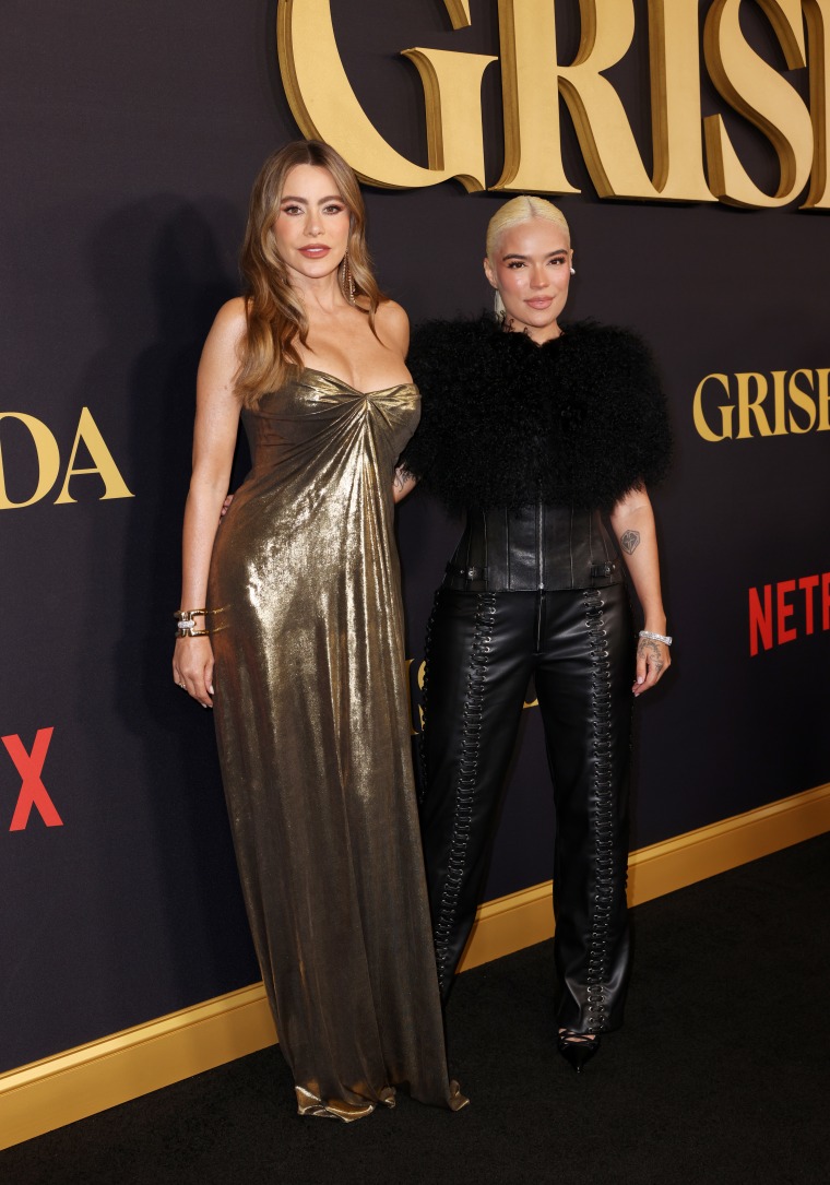 Sofia Vergara and Karol G at the "Griselda" premiere on Jan. 23, 2024 in Miami, Florida.