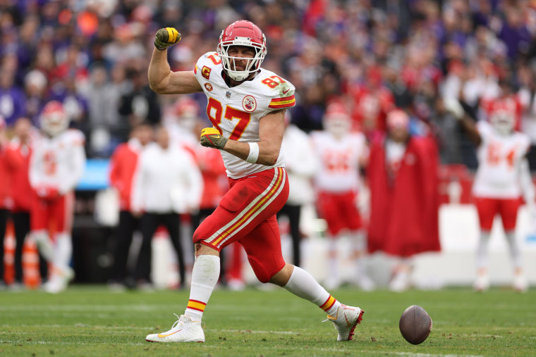 Travis Kelce of the Kansas City Chiefs during the 2024 AFC championship game.