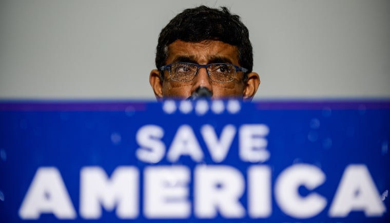 Political commentator Dinesh D'Souza speaks to supporters of former President Donald Trump   in Greensburg, Penn. on May 6, 2022. 