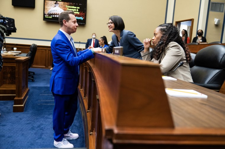 From left; Rep. Jared Moskowitz, D-Fla., talks to Becca Balint, D-Vt., and Summer Lee, D-Pa., in Washington, D.C. on May 16, 2023. 