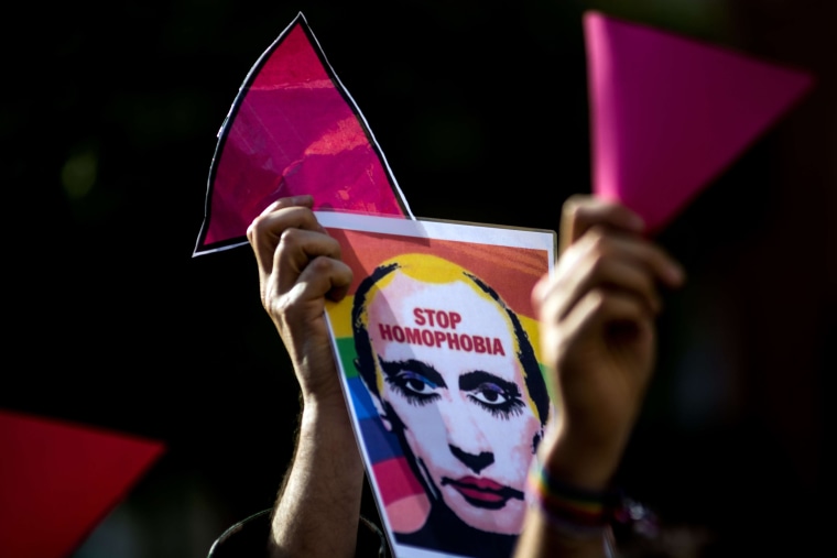 A picture of Vladimir Putin  with the words "Stop Homophobia," during a protest in Madrid in 2017. 