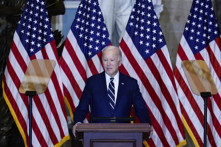 President Joe Biden gives remarks during the annual National Prayer Breakfast in Statuary Hall in the  Capitol on February 01, 2024.