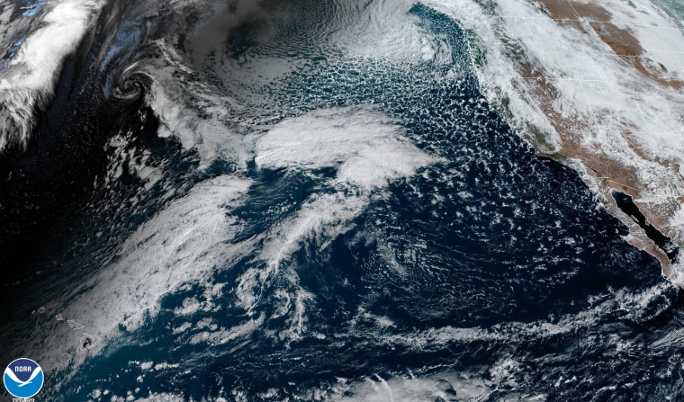 A satellite image of clouds over the Pacific Ocean.
