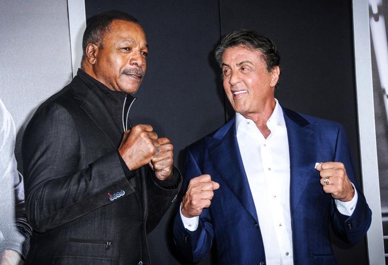 Actor Carl Weathers and actor/producer Sylvester Stallone attend the Premiere of 'Creed' 