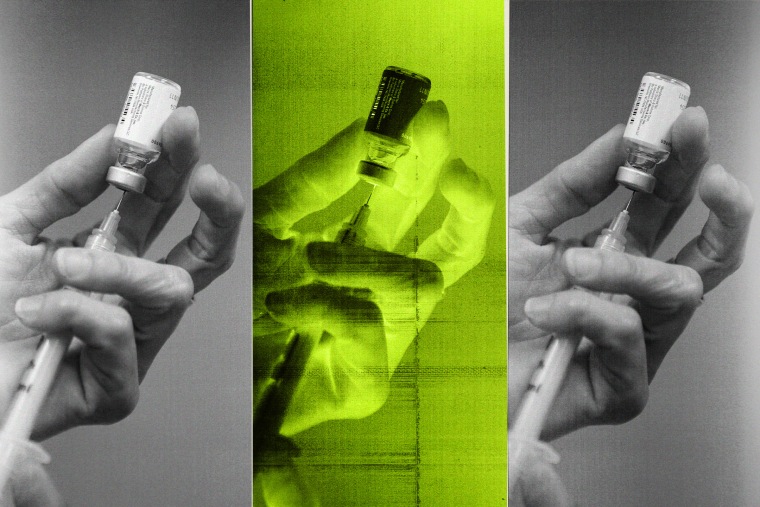 Photo illustration of repeated measles vaccines being prepped; one photo is inverted and cast in green.