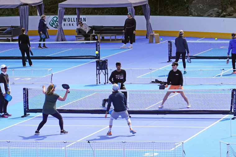 People play pickleball in New York City in 2023.