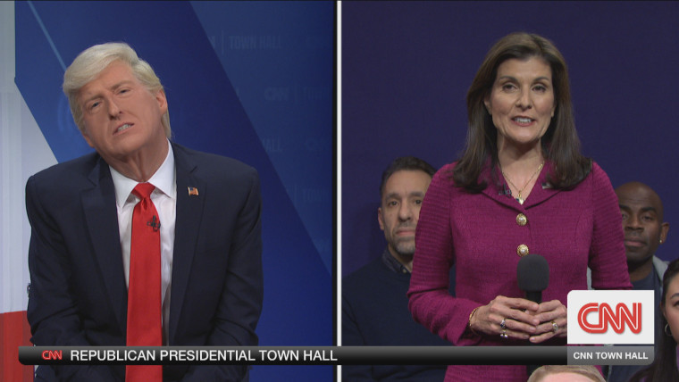 James Austin Johnson, left, as former President Donald Trump and former U.N. Ambassador Nikki Haley, right, on "Saturday Night Live" on Saturday, Feb. 3, 2024. 