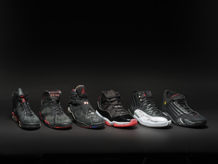 This image provided by Sotheby's shows a collection of sneakers dubbed the "Dynasty Collection" that superstar Michael Jordan wore as he and the Chicago Bulls won six NBA championships.