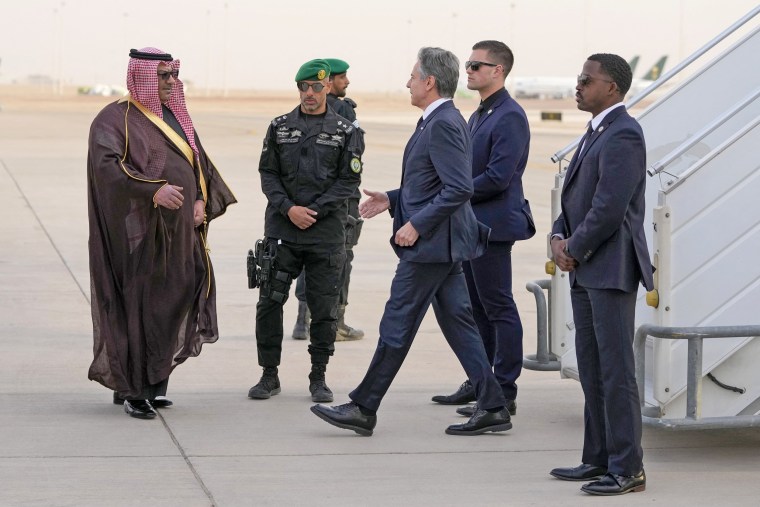 Secretary of State Antony Blinken disembarks from the plane upon arriving at King Khalid International Airport in the Saudi capital Riyadh on Feb. 5, 2024. 