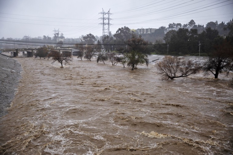 The flooded Los Angeles River in Los Angeles, Monday, Feb. 5, 2024. 