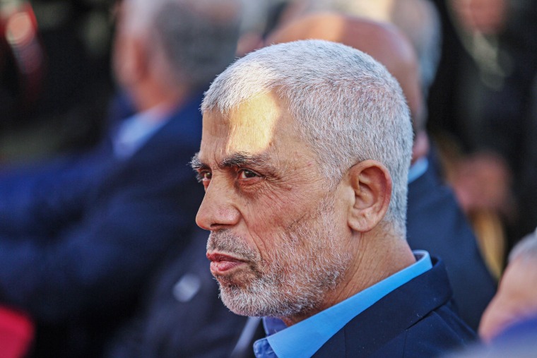 Hamas leader Yahya Sinwar arrives at a rally on the occasion of Al-Quds Day in Gaza City on April 14, 2023. 