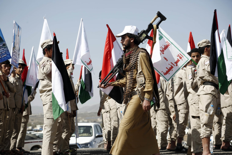 The Houthis at a rally in support of the Palestinians in the Gaza Strip and the latest Houthi attacks on shipping vessels in the Red Sea and Gulf of Aden outside Sana'a, Yemen, on February 4, 2024. 