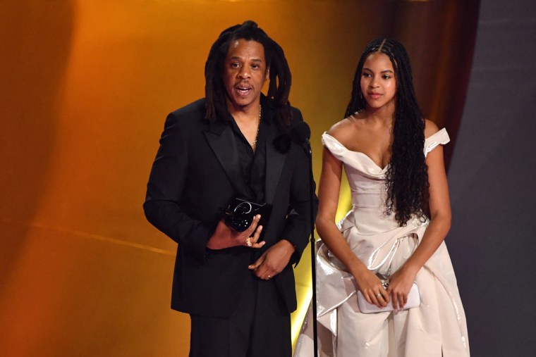 Jay-Z and Blue Ivy on stage during the 66th Annual Grammy Awards in Los Angeles