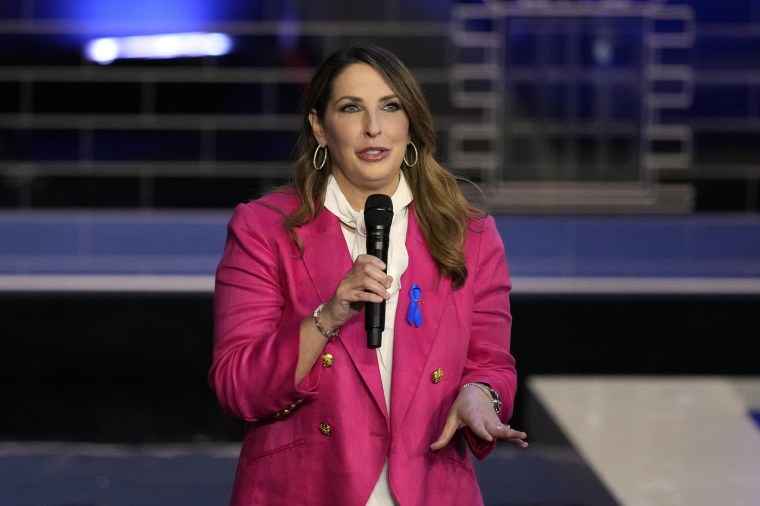 Republican National Committee chair Ronna McDaniel speaks before a Republican presidential primary debate hosted by NBC News on Nov. 8, 2023 in Miami.