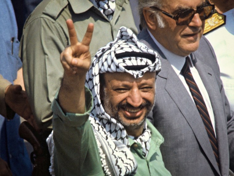 Palestine Liberation Organization leader Yasser Arafat arrives in Athens after leaving Beirut on September 1, 1982.