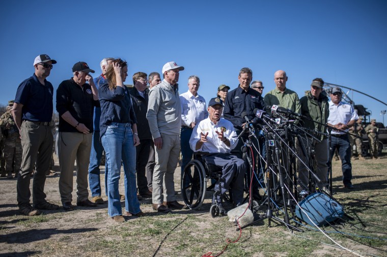 Greg Abbott holds a press conference at Shelby Park in Eagle Pass, Texas